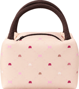 Eloy lunch bag miś, beżowa torba termiczna z różowym pikowanym wzorem i kolorowymi kokardkami, brązowe uchwyty, widok z przodu.