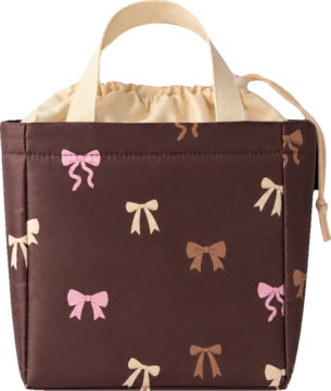 Eloy lunch bag kokarda, brązowy, pikowany materiał z różowymi i beżowymi kokardkami, widok z przodu.