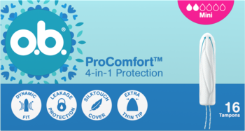 Niebieskie opakowanie tamponów o.b. ProComfort Mini, 16 sztuk, z białym tamponem i detalami 'SilkTouch Cover'.