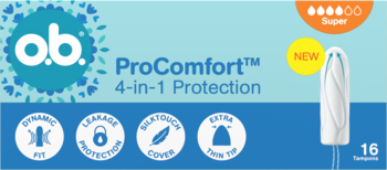 Opakowanie o.b. ProComfort Super Tampony 4-in-1 Protection, niebieskie z białym tamponem i napisem 'NEW'.