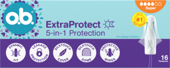 Niebiesko-fioletowe opakowanie o.b. ExtraProtect Super tampony 5-w-1 z technologią Dynamic Fit, 16 sztuk.