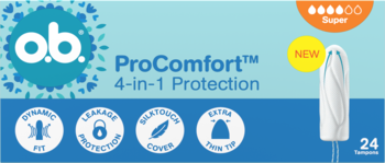 o.b. ProComfort Super tampony 24 szt. w niebieskim opakowaniu, z napisem 'NEW' i ikonami cech.