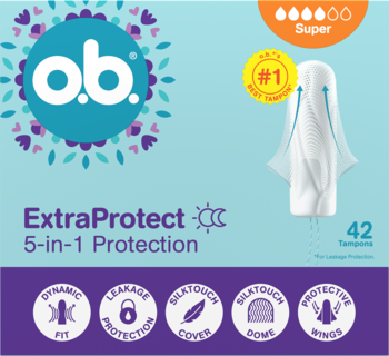 o.b. ExtraProtect Super tampony, 42 szt., niebieskie opakowanie z logo, z widocznym tamponem i opisem 5-in-1 Protection.