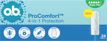 o.b. ProComfort Super Plus tampons, 4-in-1 Protection, 24 ct. Blue box with 'NEW' and white tampon. Front view.