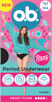 Front opakowania o.b. Period Underwear Teens z modelką na różowo-turkusowym tle, logotyp o.b., napisy NEW, HEAVY FLOW.