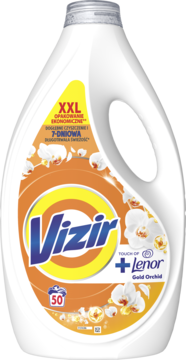 Biała butelka Vizir płyn do prania Gold Orchid 2.25l, 50 prań, z pomarańczową etykietą i białymi orchideami.