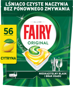 Fairy Original All in One, cytrynowe tabletki do zmywarki, 56 sztuk, w zielonej torebce z grafiką kapsułki i cytryny.