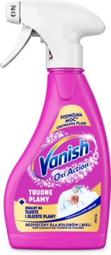 Różowy Vanish Oxi Action spray na trudne plamy, widok z przodu, biały atomizer, napis "PODWÓJNA MOC".
