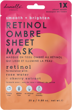 Różowo-pomarańczowa maska w płachcie Danielle Creations Retinol Ombre, widok z przodu, z napisem "smooth + brighten".