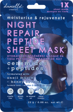 Granatowa maska w płachcie Danielle Creations Night Repair Peptide z ceramidami, peptydami i śluzem ślimaka, zdobiona ślimakami.