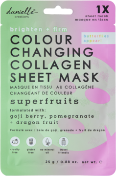 Danielle Creations Colour Changing Collagen Sheet Mask with goji, pomegranate & dragon fruit, green-pink pouch.