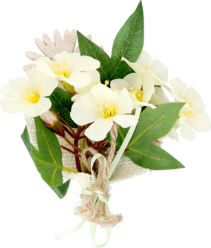 Sztuczny bukiet białych kwiatów z zielonymi liśćmi, owinięty jutą i przewiązany sznurkiem, widok z przodu.