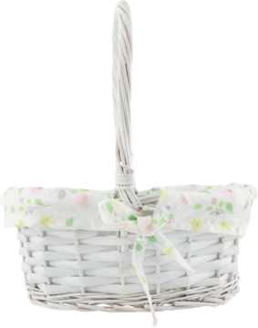 Biały koszyk wiklinowy z uchwytem, wyściełany wkładką w delikatne kwiaty, przewiązany kokardą, widok z przodu.