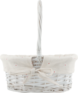 Biały koszyk wiklinowy z uchwytem, wyłożony białą tkaniną w czerwone kropki, zawiązaną na kokardę, widok z przodu.