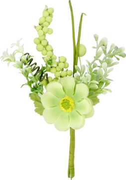 Zbliżenie na jasnozieloną sztuczną przypinkę kwiatową. Ma żółty środek, zielone listki i pęczki małych kuleczek.