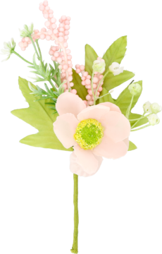 Dekoracyjny sztuczny bukiet z jasnoróżowym anemonem, zielonymi liśćmi i różowymi gałązkami, widok z przodu.