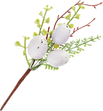 Zbliżenie na dekoracyjną gałązkę z trzema białymi, nakrapianymi jajkami wielkanocnymi i zielonymi liśćmi.