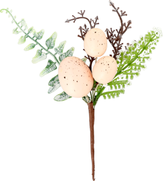 Wielkanocna gałązka dekoracyjna: trzy beżowe, nakrapiane jajeczka z zielonymi, mrożonymi listkami. Widok z przodu.