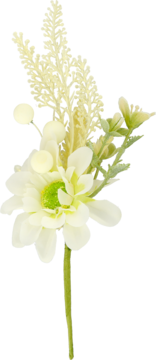 Delikatna sztuczna butonierka: biały kwiat z jasnozielonym środkiem, kremowe gałązki i liście. Widok z przodu.