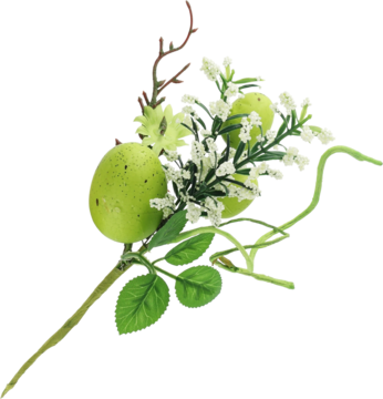 Dekoracyjny pik wielkanocny z zielonymi nakrapianymi jajkami, białymi kwiatkami i listkami, widok z przodu.