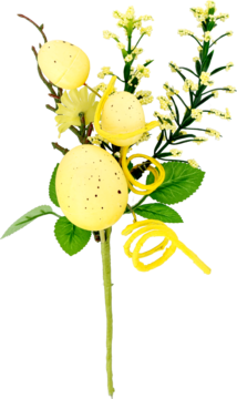 Pik dekoracyjny wielkanocny z żółtymi jajkami w kropki, zielonymi listkami, żółtymi spiralami i kwiatami. Widok pod kątem.