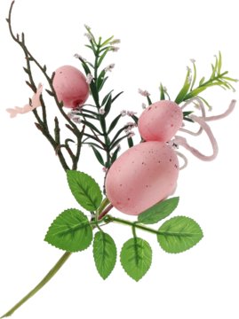 Trzy różowe, nakrapiane jajka wielkanocne na ozdobnej gałązce z zielonymi liśćmi i białymi kwiatuszkami.