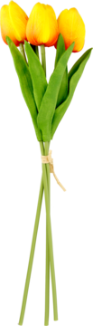 Bukiet trzech żółtych tulipanów ze szmaragdowymi liśćmi, związany naturalnym sznurkiem, widok z przodu.