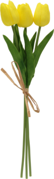 Sztuczny bukiet trzech żółtych tulipanów, zielone łodygi i liście, związane jasnobrązową wstążką, widok z przodu.