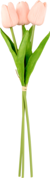 Bukiet trzech bladoróżowych, sztucznych tulipanów z zielonymi łodygami i liśćmi, przewiązany sznurkiem, pionowy kadr.