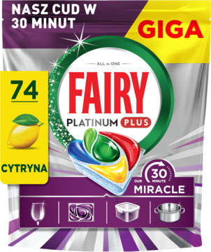 Fairy Platinum Plus All-in-One tabletki do zmywarki, 74 szt. cytrynowe w fioletowej torebce, widok z przodu.