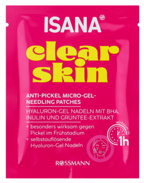 ISANA clear skin anti-pimple micro-gel patches w różowej saszetce z żółtym napisem, widok z przodu.