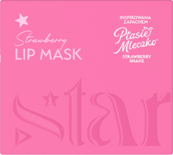 Różowa maseczka do ust Strawberry inspirowana Ptasi Mleczko Strawberry Shake, widok z przodu opakowania.