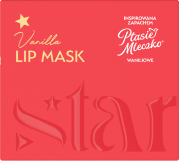 Czerwone, kwadratowe opakowanie Vanilla Lip Mask, inspirowane Ptasia Mleczko, ze złotym napisem i gwiazdą.