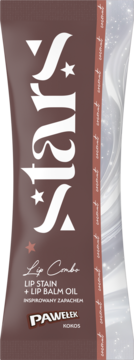 Brązowy PAWEŁEK Stars Lip Combo: Lip Stain + Lip Balm Oil o zapachu kokosa, widok z przodu.