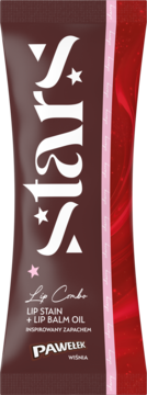 Ciemnobrązowy PAWEŁEK Stars Lip Combo Lip Stain + Lip Balm Oil Wiśnia, opakowanie z białym logo Stars, widok z przodu.