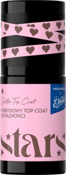 Czarny, brokatowy Top Coat hybrydowy do paznokci Stars, z różową etykietą, brązowymi sercami i logo E. Wedel.