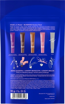 Tył opakowania STARS x E-Model BLINDkiss Mystery Pack z losowymi błyszczykami i brelokami na niebieskim tle.