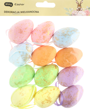 Dekoracyjne styropianowe jajka wielkanocne w pastelach z brokatem, widok z góry na mały stos.