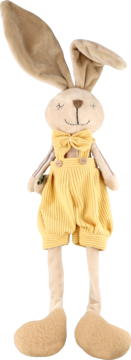 Uroczy pluszowy zajączek w beżowym kolorze, z długimi uszami, ubrany w żółte sztruksowe ogrodniczki i muszkę, widok przodem.