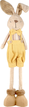 Długi pluszowy królik-maskotka w żółtych sztruksowych ogrodniczkach, z muszką i futrzanymi mankietami.