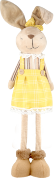 Pluszowy króliczek z zamkniętymi oczami, w żółtej sukience w kratę, z kokardą i długimi nogami.