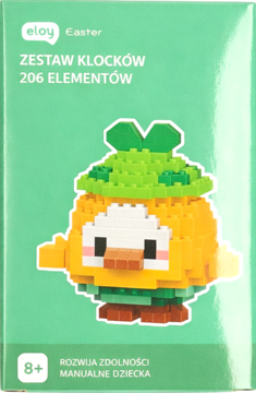Zielone pudełko Eloy Easter z zestawem klocków (206 elementów), postać pisklęcia w zielonej czapce, widok z przodu.