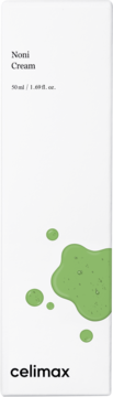 Nawilżający krem celimax Noni Cream 50ml, białe opakowanie z zielonymi plamami, widok z przodu.