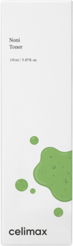 Celimax Noni Toner w białym kartoniku z zielonymi kroplami esencji Noni, widok z przodu, 150ml.