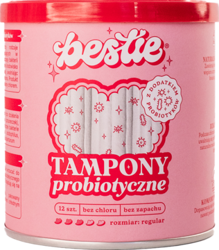 Różowa puszka Bestie Tampony Probiotyczne Regular, z napisem 'bestie' i ilustracją tamponów na froncie.