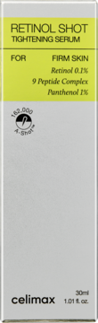 Celimax Retinol Shot serum ujędrniające z 0.1% retinolem, 30ml, szare pudełko z zielonym paskiem, widok z przodu.
