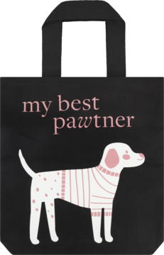 Czarna torba Eloy Torba duża, widok z przodu, z różowym napisem 'my best pawtner' i psem w sweterku.