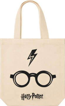 Duża naturalna torba płócienna Harry Potter z czarnym nadrukiem okularów, błyskawicy i logo. Widok z przodu.