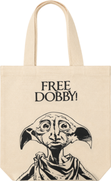 Duża naturalna torba z uchwytami, z przodu grafiką Dobby'ego z Harry'ego Pottera i napisem "FREE DOBBY!".