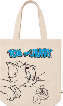 Duża torba materiałowa Tom & Jerry, kremowa, z niebieskim logo i szkicem Toma spoglądającego na Jerry'ego.